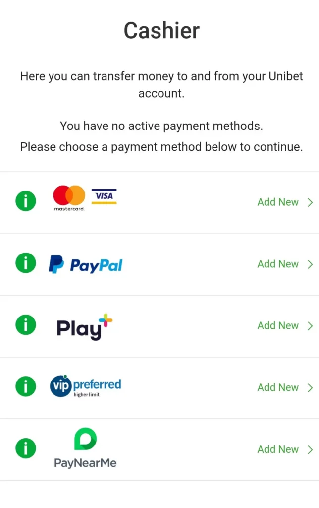 Unibet Deposit Methods